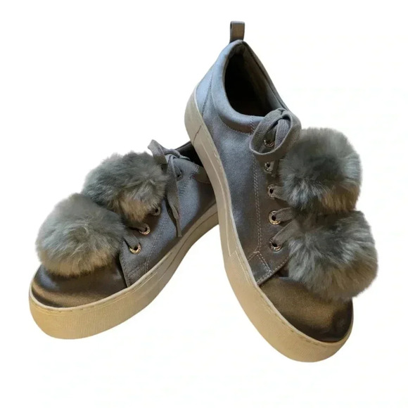 J Slides Shoes - J Slides Silvery Grey with Faux Fur Pom Poms SZ 8.5 Exc Condition Silvery Grey